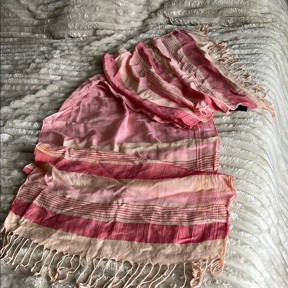 Pink Striped Viscose Scarf with Fringe